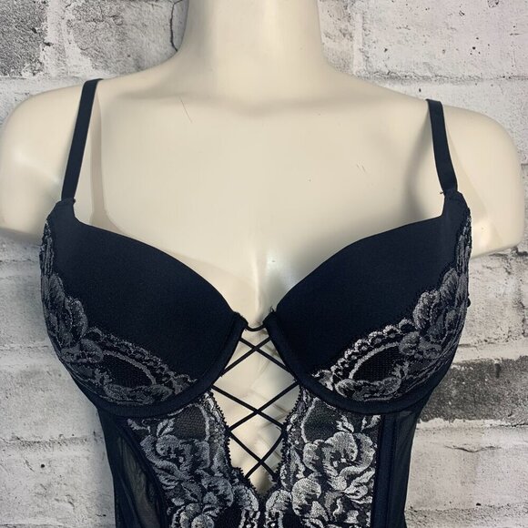 La Senza Bustier Corset Top Black Mesh Silver Metallic Lace - Picture 2 of 12